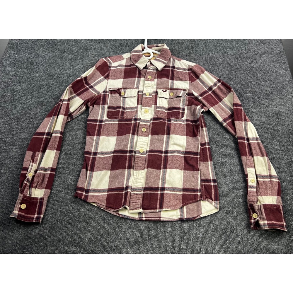 Hollister Mens Small Burgundy Cream Plaid Flannel Button Down Shirt Long Sleeve